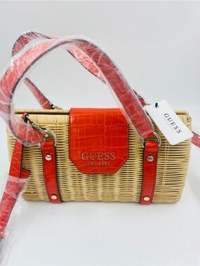 NWT Guess Paloma Straw Satchel Convertible Crossbody Purse Bag Orange